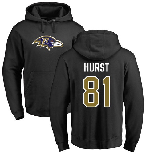 Men Baltimore Ravens Black Hayden Hurst Name and Number Logo NFL Football #81 Pullover Hoodie Sweatshirt